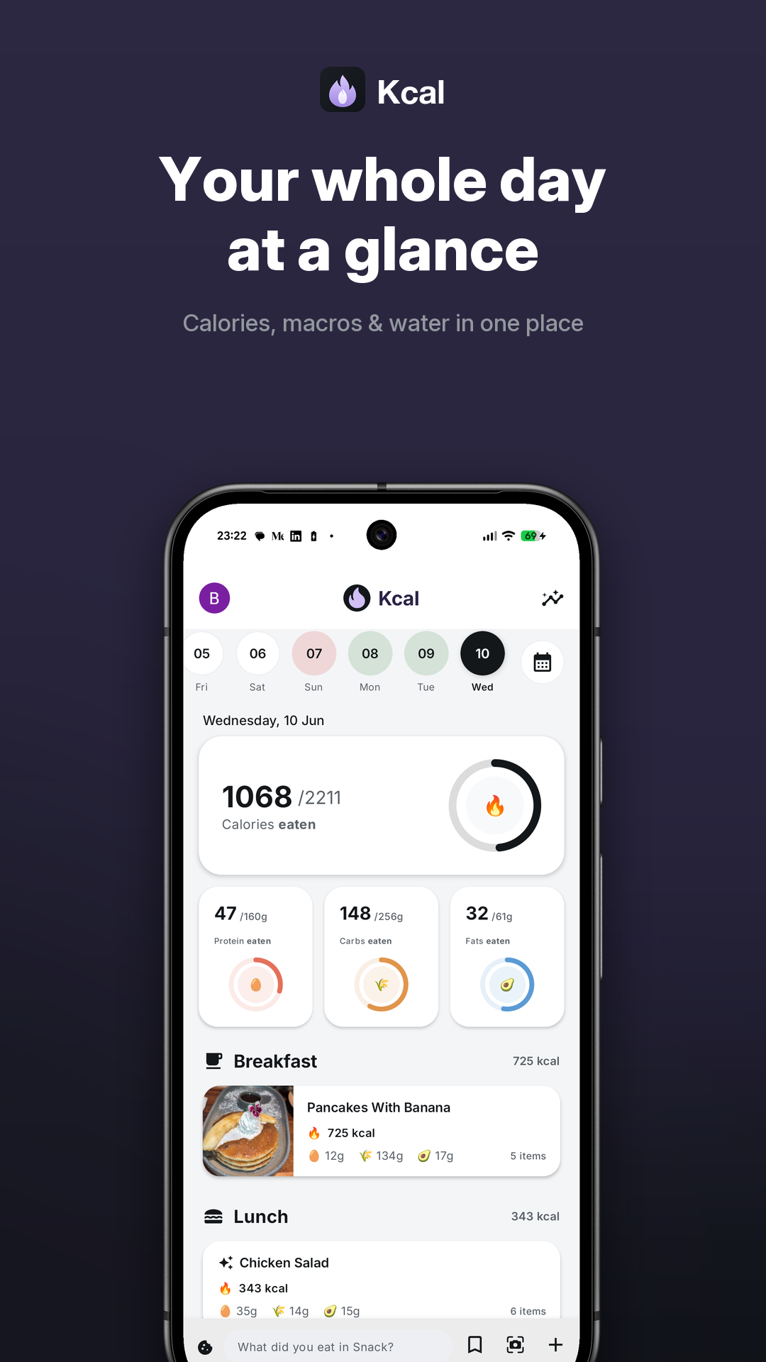 Kcal dashboard showing calories and macros for the day